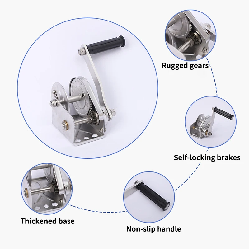 Verricello manuale in acciaio inossidabile di alta qualità da 1200 libbre a 2600 libbre di capacità Verricello per rimorchio con freno ad attrito per gru Uso in barca in acciaio