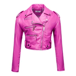 Nueva chaqueta de cuero corta ajustada para mujer, además de algodón, cintura alta, manga larga, solapa, cremallera diagonal, chaqueta de cuero, traje de motocicleta de pu