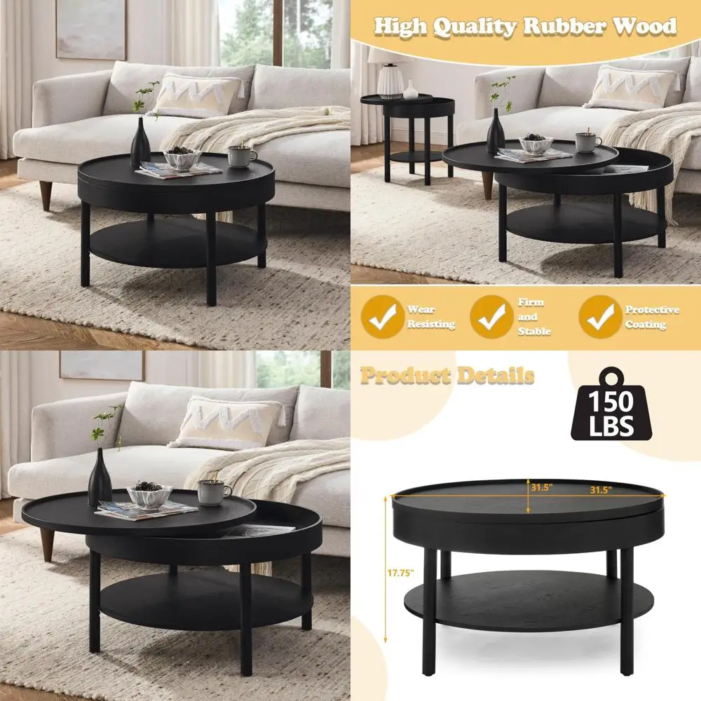 

Rotating 3-Tier Coffee Table for Living Room, 31.5 Inch Diameter, Storage Space, Made from Ru