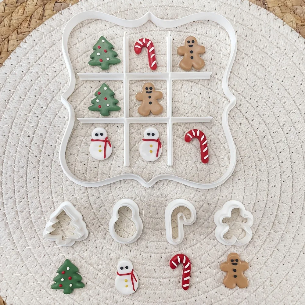 Juego de 6 Cortadores de Galletas de Navidad con Forma de Tic Tac Toe, Moldes de Árbol, Muñeco de Nieve, Hombre de Jengibre y Bastón de Caramelo, Herramientas para Hornear en Fiestas