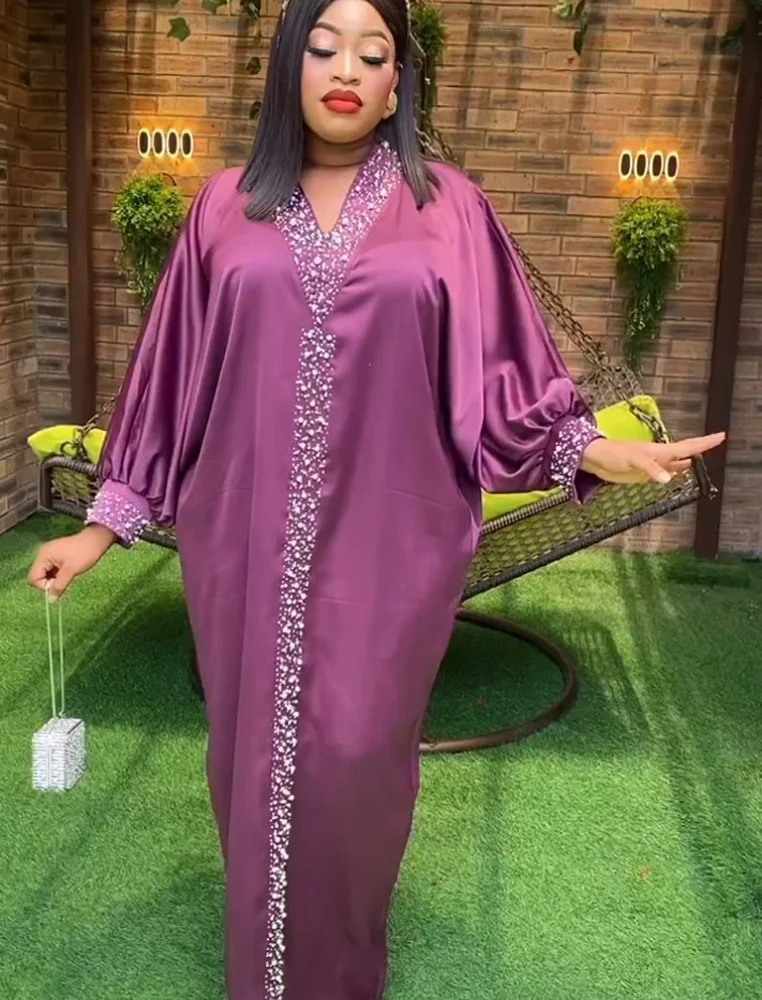 African Dresses Women 2023 Abaya Bazin RicWhe Robe Femme Musulmane Africa Clothing Beading Baet Sleeve Maxi Dress Party Weding