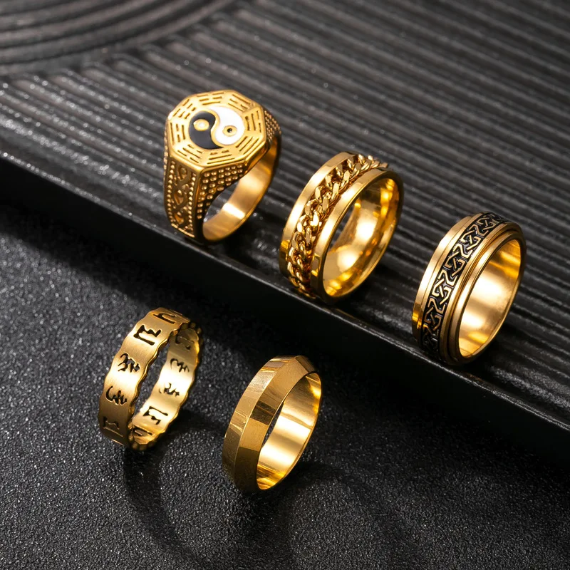 Gold Stainless Steel Men Ring Set, Tai‑Chi & Tibetan Script Engraved Band, Oriental Retro Religious Finger Ornament For Male