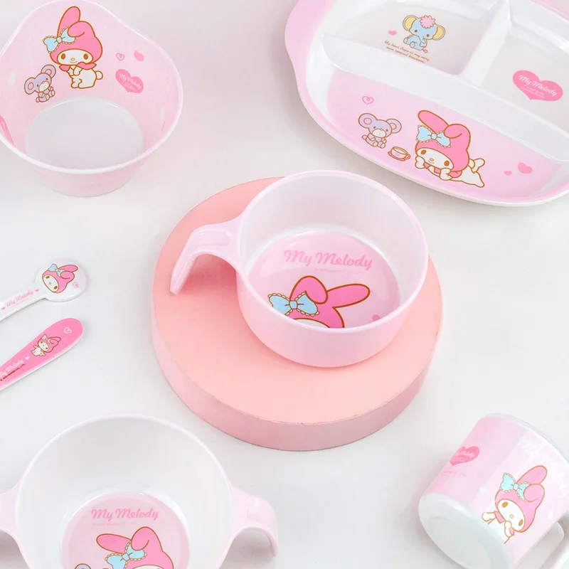 Hello Kitty Anime Kawaii Sanrio Ins Fashion Handle Bowl Cute Cartoon Children Home Dining Plate Cutlery Spoon Gifts for Kids