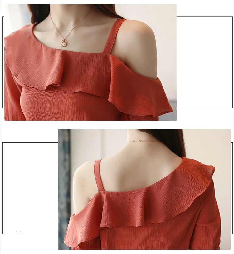 Blusas Mujer De Moda 2024 Summer Women Blouses Short Sleeve Chiffon Blouse Off Shoulder Blouse Tops Womens Tops And Blouses B381