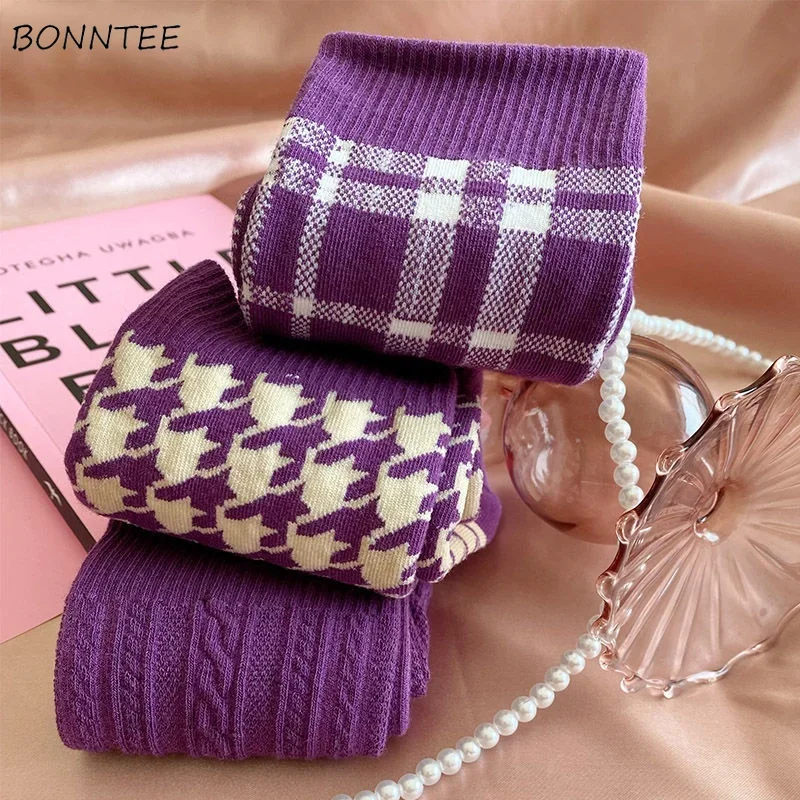 Socks Women Purple Winter Thick Warm All-match Fashion Houndstooth Ins Design Cozy Harajuku Elasticity Leisure Aesthetic