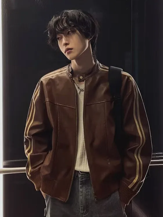 

Brown Striped Biker Jaet Men's ort Sle Stand Collar Autumn Faion Leather Coat Cool And Haome High-End Feeling