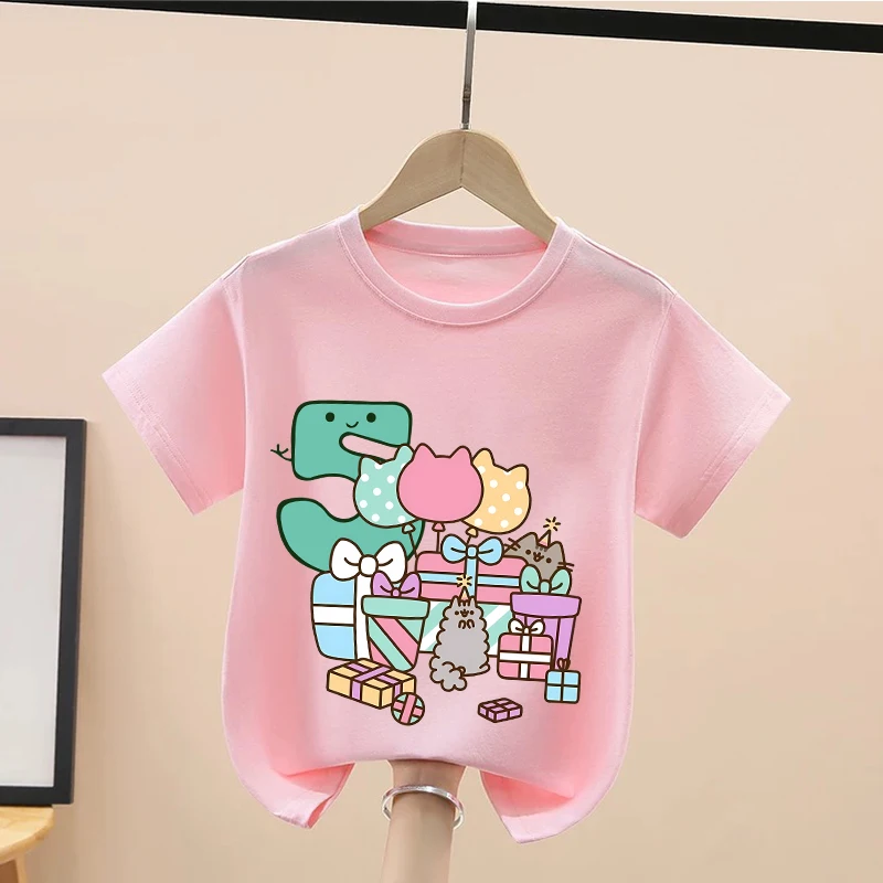 Pusheens Girls Birthday T-shirt New Kawaii Cat Cotton Tees Children Summer Clothes Kids Fashion Tops Short Sleeve Gift Hot Sales