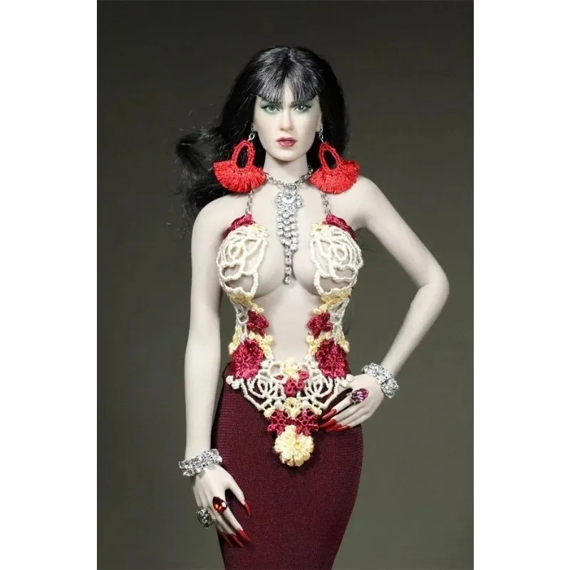1/6 Scale Fashion Female Action Figures Manual Clothes Model Flower Totem Tops Wine Red Tight Dress Fit 12'' Soldier Doll Body