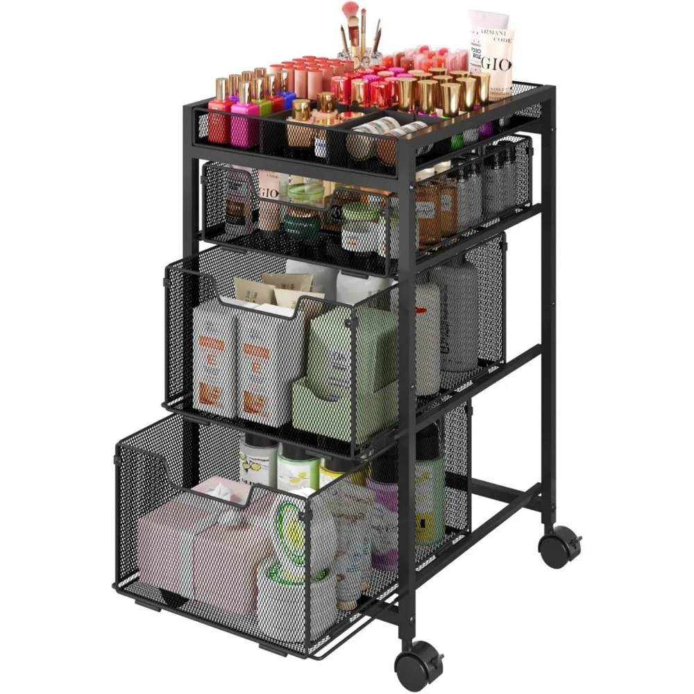 

3-Drawer Rolling Makeup Cart with Dividers and Wheels, Versatile Storage for Cosmetics and Tools, Black