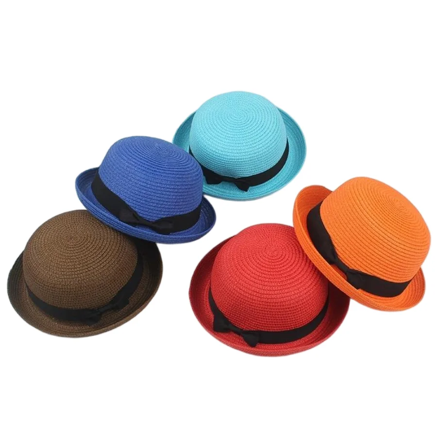 Women's New Summer Style Travel Hat Korean Style Rolled Edge Fashion Hat Cute Round Top Simple Casual Bow Straw Hat