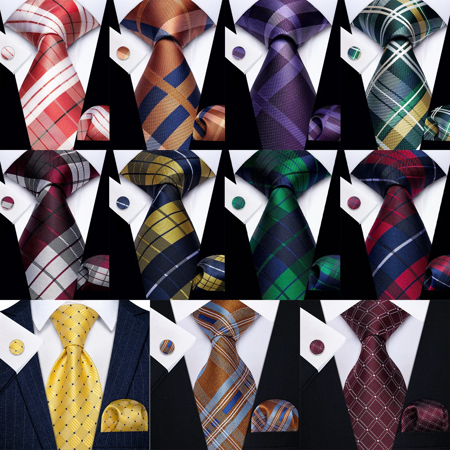Plaid Checked Tie Set for Men 3PCS Necktie Pocket Square Cufflinks Formal Business Wedding Suit