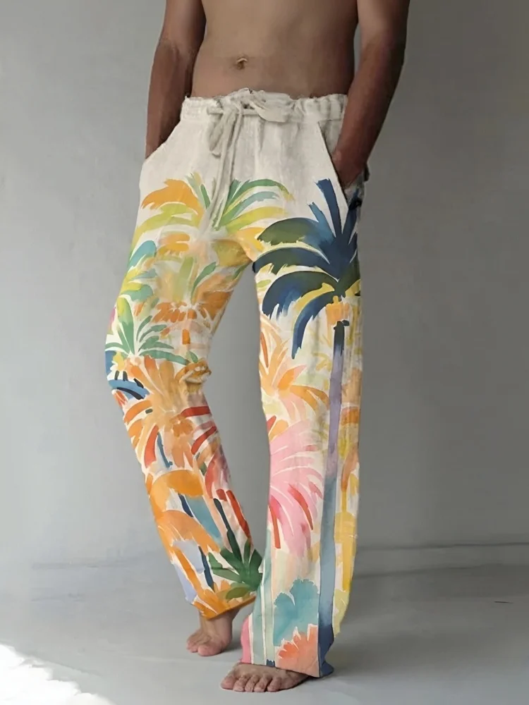 

Мужские красочные акварельные пальмы с принтом, повседневные брюки, модные эластичные длинные брюки с завязками на талии, корейские брюки
