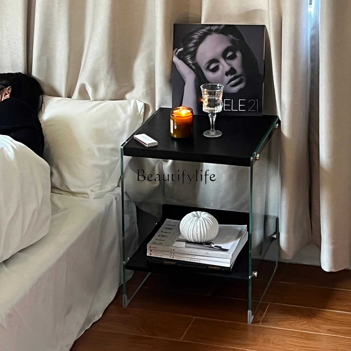 

yj9 Simple Modern Small Apartment Sofa Side Table Glass Solid Wood Living Room Corner Table Black Storage Rack