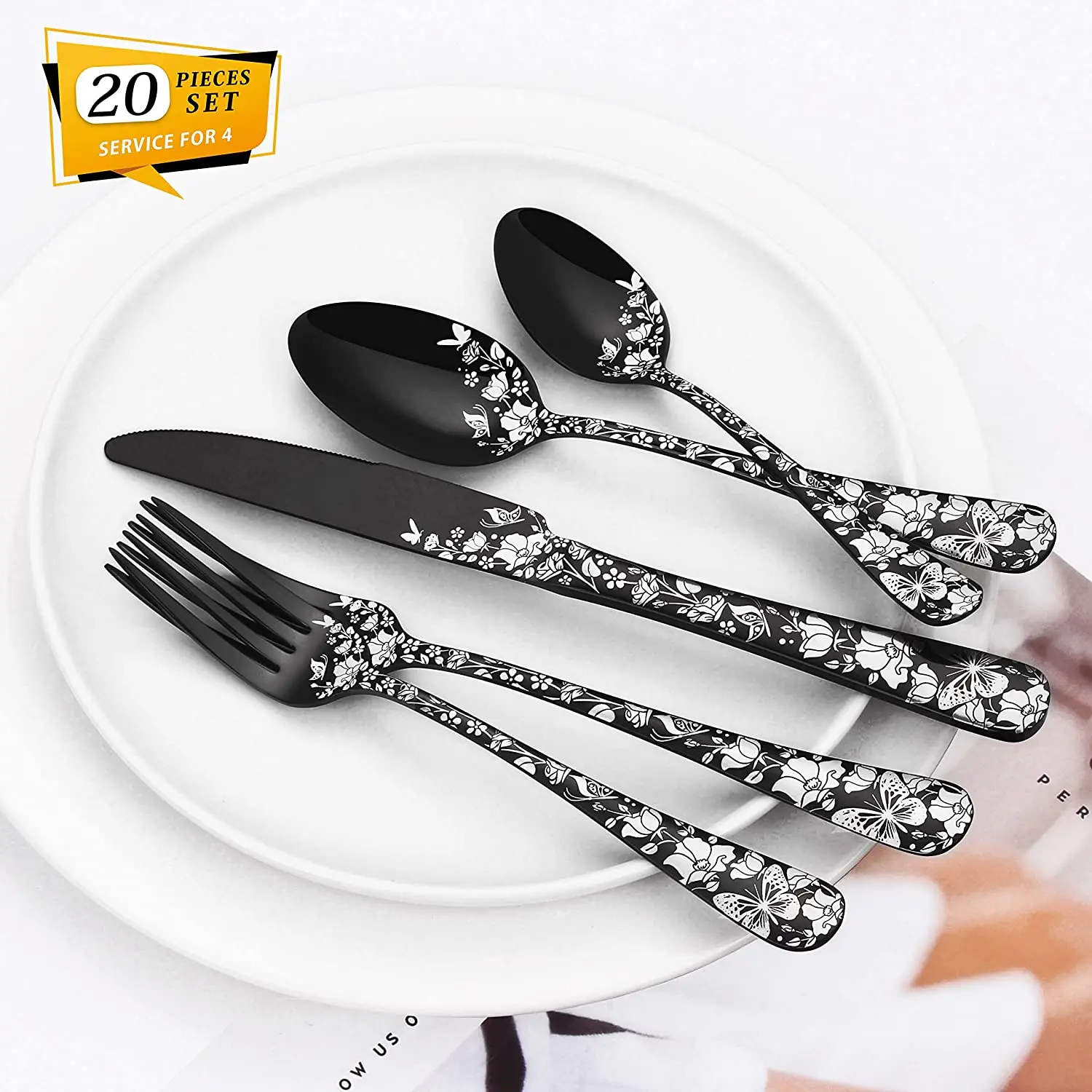 20-Piece Copper Silverware Set, Stainless Steel Flatware Cutlery Set for 4, Unique Tableware Utensil Sets Fork Spoon Knife Set