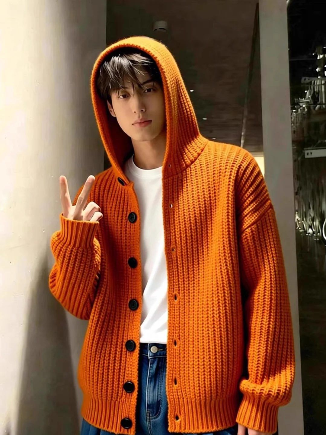 

Оранжевый вязаный кардиган мужской, в стиле оверсайз, с длинными рукавами, на молнии, утепленный, свободного кроя, уютный свитер