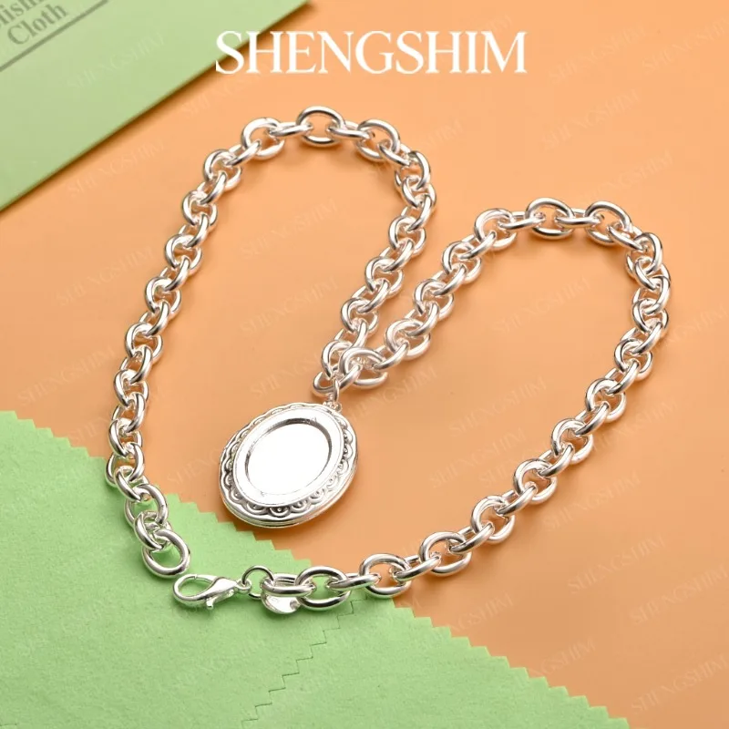 SHENGSHIM 925 Sterling Silver Oval Locket Rolo Chain Necklace For Women Men Fashion Jewelry Hip Hop Party Birthday Gift