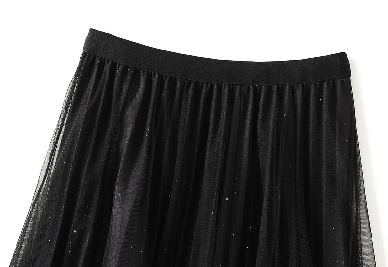 Starry Gradient Chiffon Pleated Long Skirt for Women, Solid Color 3-layer A-line High Waisted Autumn and Winter Big Swing Skirt