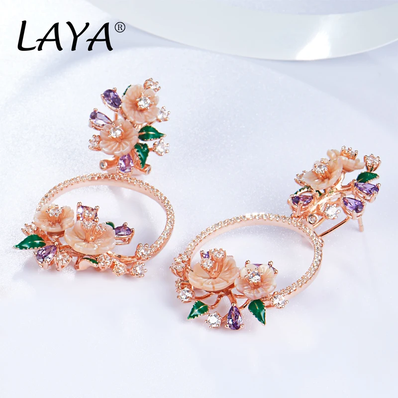 

Серьги-подвески LAYA из стерлингового серебра 925 пробы с натуральным перламутром, цветами и зелеными листьями, эмалью и цирконами AAAAA+ для свадьбы, элегантные украшения