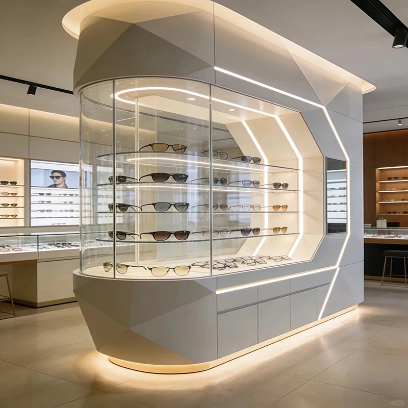 custom.Customizable Color & Size LED Lighting Retail Display Etagere Shelves Powder Coated/Glass Back Jewelry Glasses Supermarke