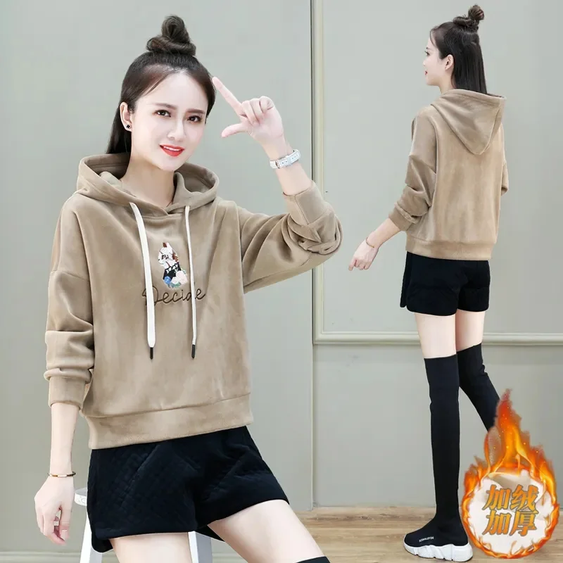 Women\'s Hooded Embroidery Sweatshirt 2023 Autumn Winter New Add Velvet Thickened Warm Top Lady Short Loose Coat 4XL