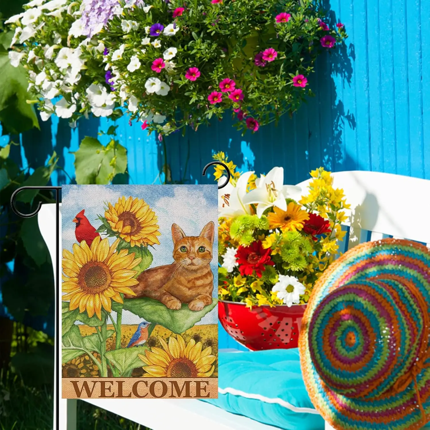 Furiaz Cat Cardinal Sunflower Welcome Spring Summer Decorative Small Garden Flag, Yard Orange Kitty Tabby Red Bird Outside D OOA