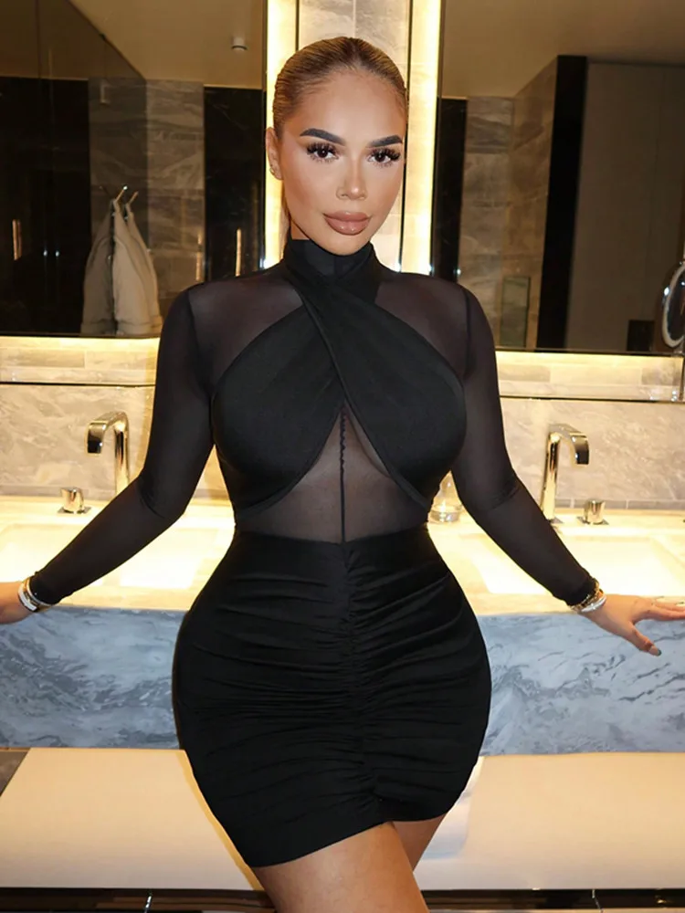 

SKMY Spring And Autumn Women's Clothing Chest Wrapping Sexy Mesh Patchwork Slimming Bodycon Dress Elegant 2026 Hot Sales