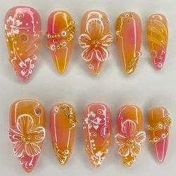 24pcs Simple Lines Fake Nail 3D Flower Design Gradient Yellow Long Alond False Nail Art Datachable Rond Head Press on Nails Tips
