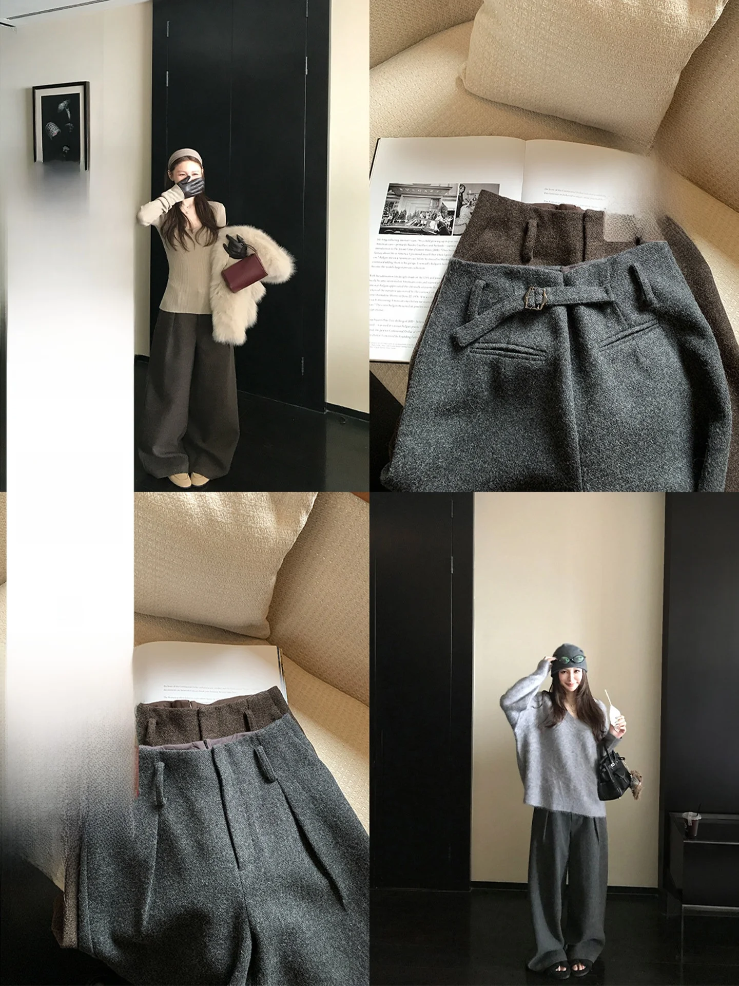 

Высококачественные женские повседневные широкие брюки из твидовой шерсти 680G с эффектом самонагревания, в стиле Old Money, с регулируемой посадкой, от Skk Store