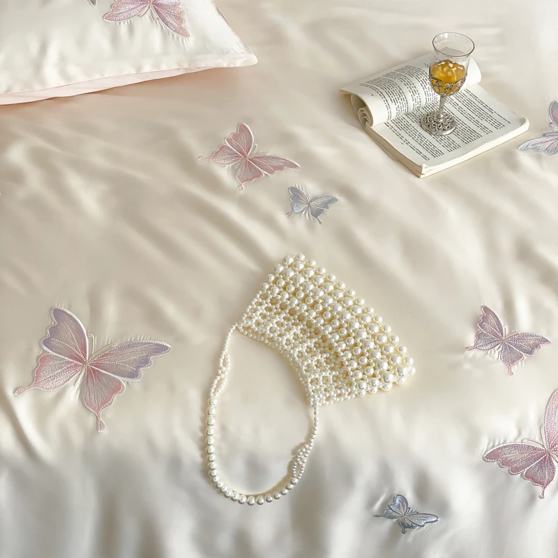 Eucalyptus Lyocell Butterfly Embroidered White Pink Silk-like Touch Bedding Set Cooling Summer Duvet cover Sheets Pillowcases