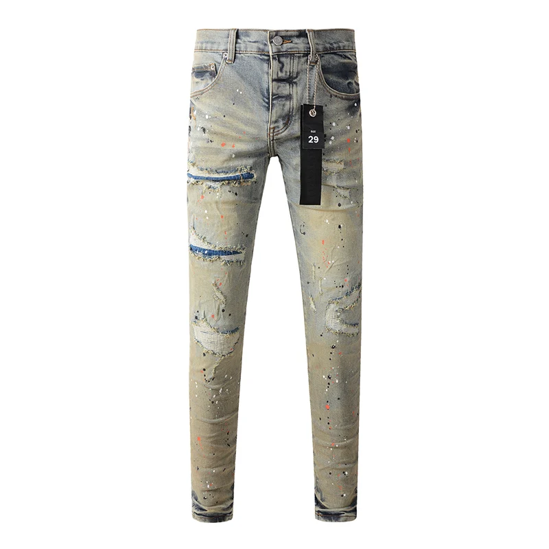 Men's American Streetwear Dirty Blue Stretch Skinny Button Fly Scratched Ripped Holes Patchwork Painted Jeans Pants