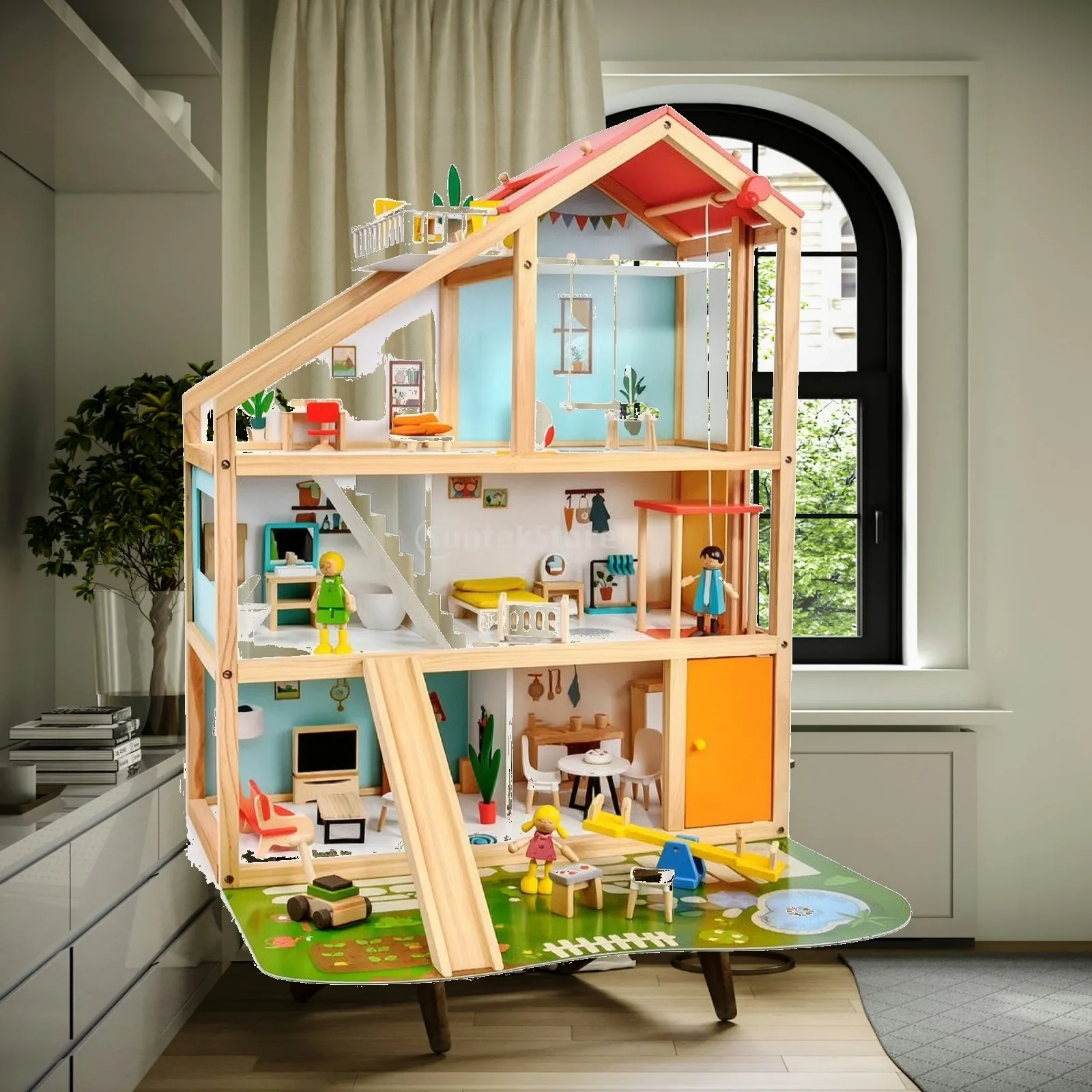 Wooden Dollhouse Three-Story Dollhouse with Furniture Toy Doll House Miniature Toy Villa Interactive for Children, Playroom