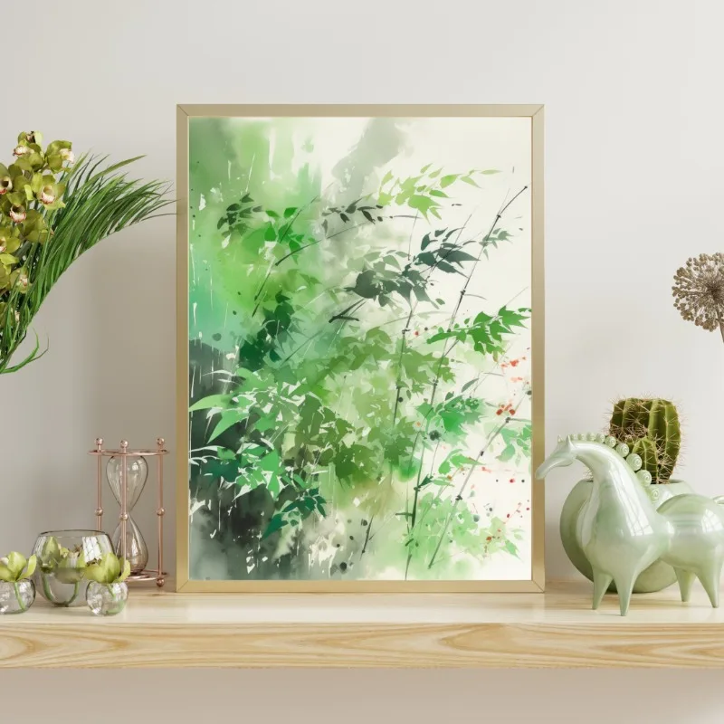Affiche de feuilles vertes vibrantes en aquarelle japonaise, peinture sur toile minimaliste et paisible à l'encre, art mural zen pour la décoration de la maison