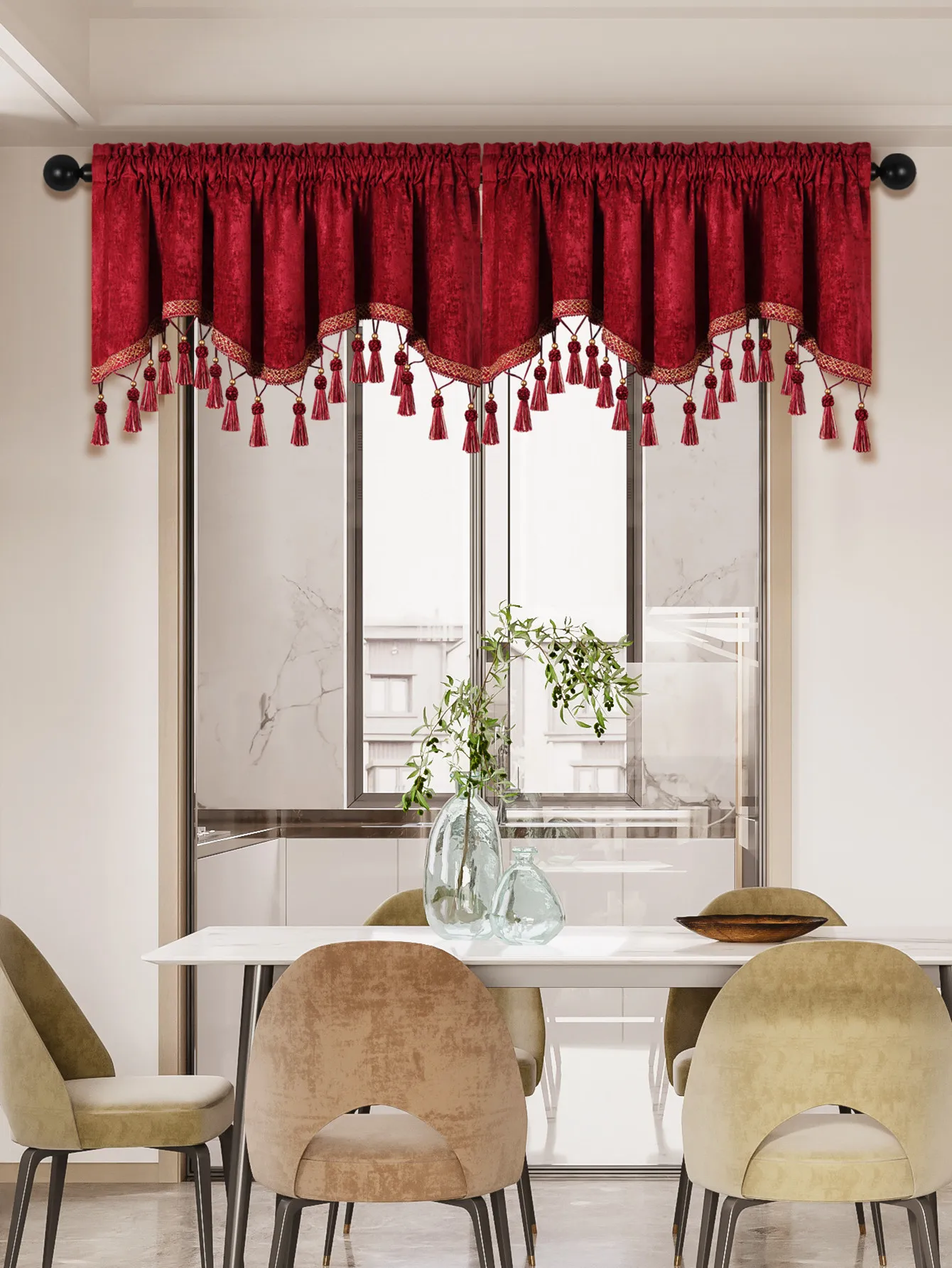 Cenefa de cortina de ventana de estilo europeo Simple para sala de estar, bolsillo de varilla, cenefa en forma de S con borlas para decoración de ventana, 1 unidad