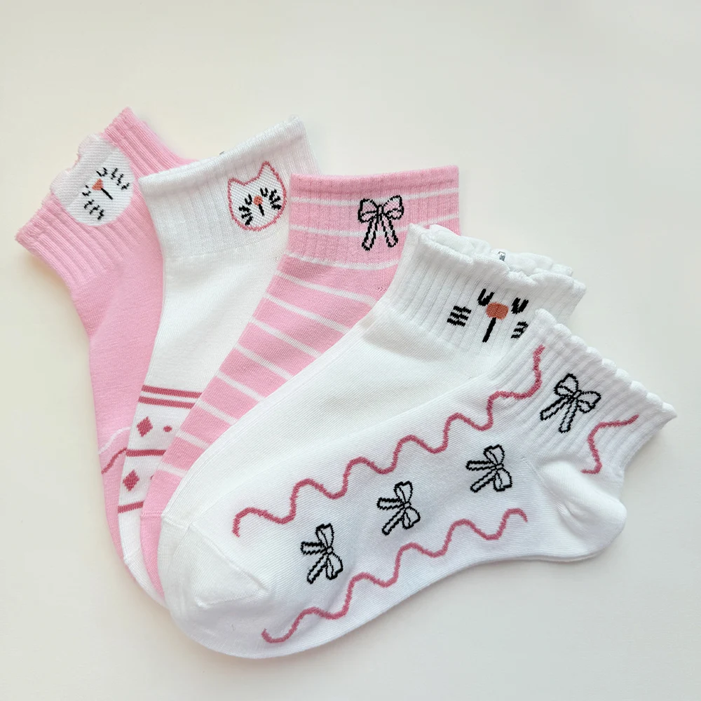 

5/10 Pairs Women Girls Fashion Cute Socks Cartoon Cat Bow Knot Ankle Socks High Quality Cotton Socks