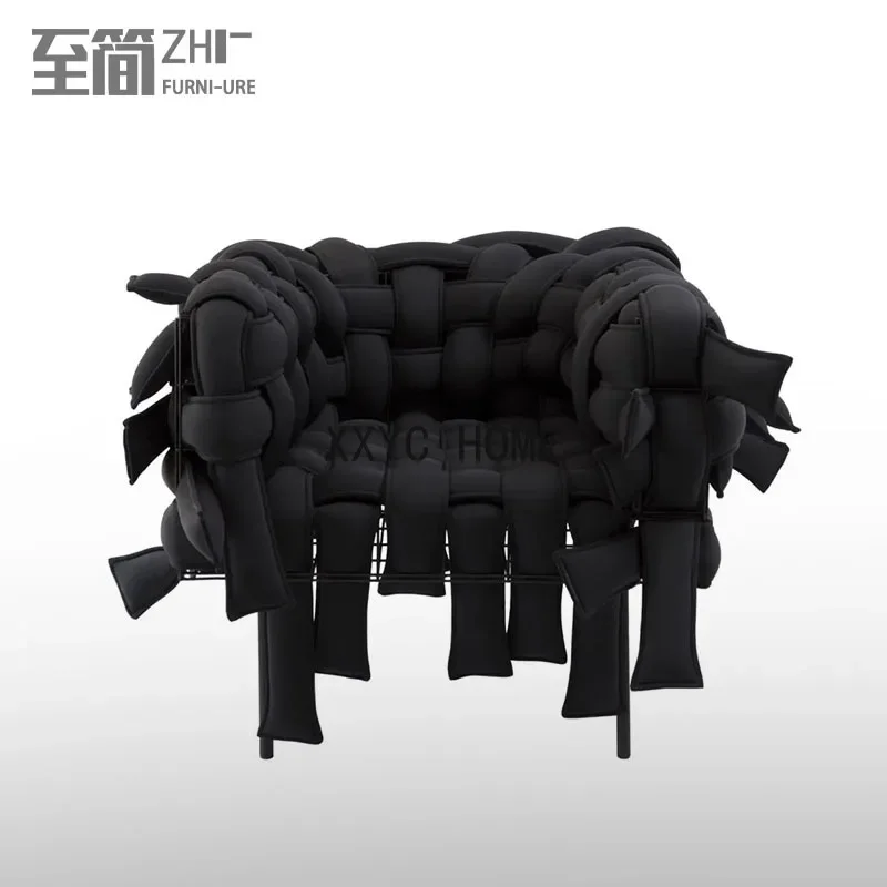 خياطة منسوجة للترفيه كرسي فردي ومزدوج لغرفة المعيشة الإبداعية على شكل درابزين من الحديد المطاوع