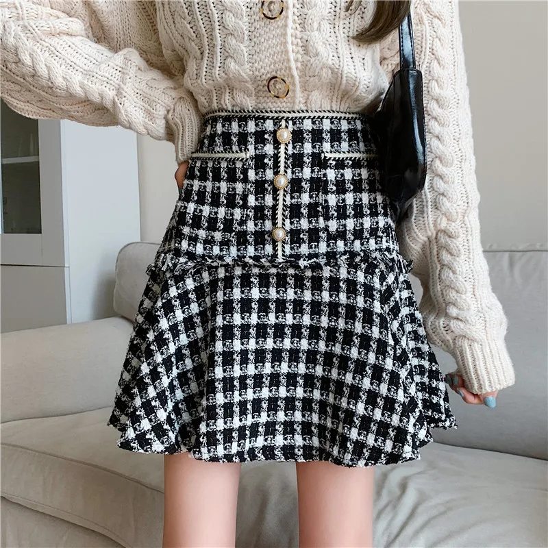 Grande taille L-4XL fille automne hiver taille haute Plaid queue de poisson jupe noir a-ligne à la mode polyvalent élégant coréen Mini jupes