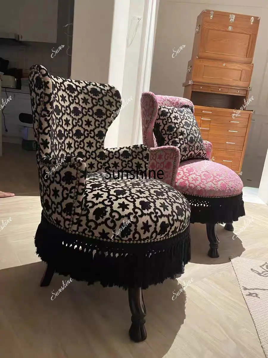 Solid wood sofa chair retro fringed fabric reception small apartment