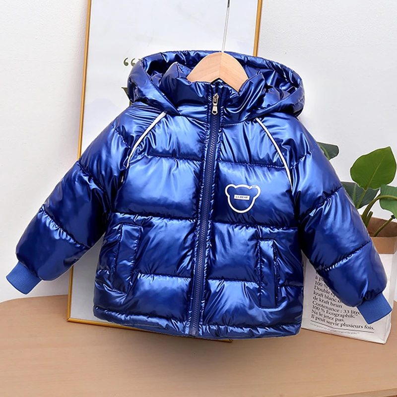 Winter New Boys Girls Thick Jacket Cartoon Bear Glossy Antifouling Lining Plus Velvet Keep Warm Hooded Snowsuit For 2-6 Years