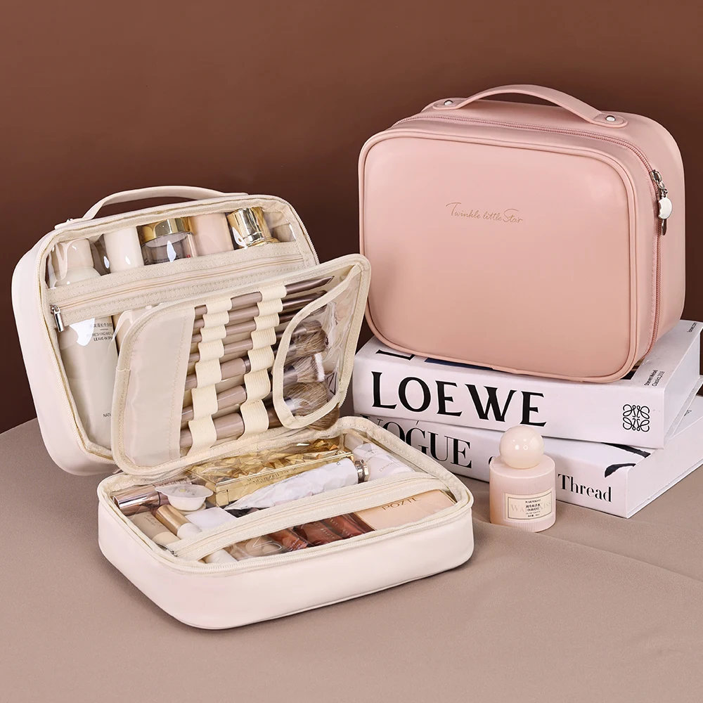 Women PU Leather Double Layer Travel Makeup Wash Clear Cosmetic Bag With Zipper Multi-Compartment Waterproof Toiletry Organizer