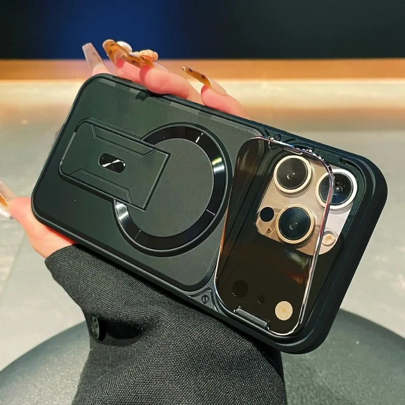 Luxury For Magsafe Folding Stand Magnetic Phone Case For iPhone 17 16 15 14 Plus 13 12 11 Pro Max Back Cover With Lens Protector