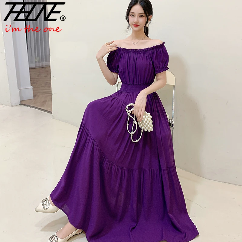 THHONE Vestido Feminino szata sukienka kobiety lato artystyczne wakacje Off The Shoulder plaża Boho w pasie Casual długie sukienki