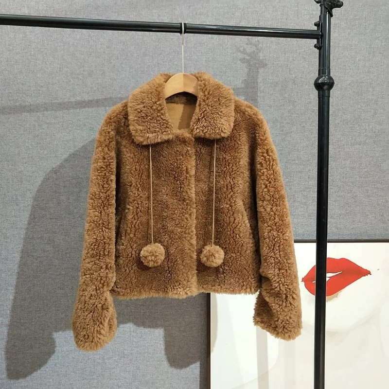 สาวน่ารัก Ball ที่ถอดออกได้หนุ่มสไตล์แกะ Shearling Coat ขนสัตว์บริสุทธิ์ขนสัตว์เสื้อแจ็คเก็ตสั้น JT508