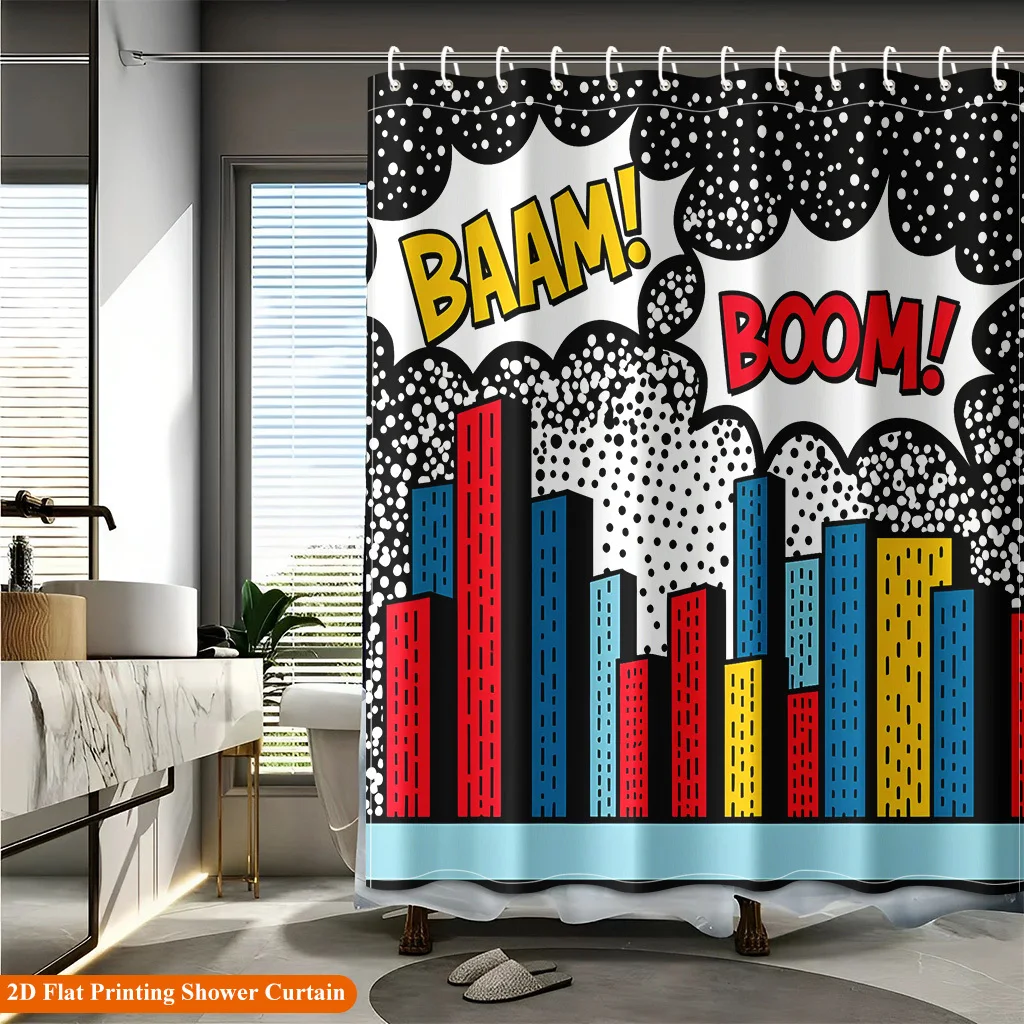 Pop Art Comic Book Shower Curtain, BAAM BOOM City Skyline Bathroom Decor, Retro Cartoon Style Waterproof Fabric Bath Screen