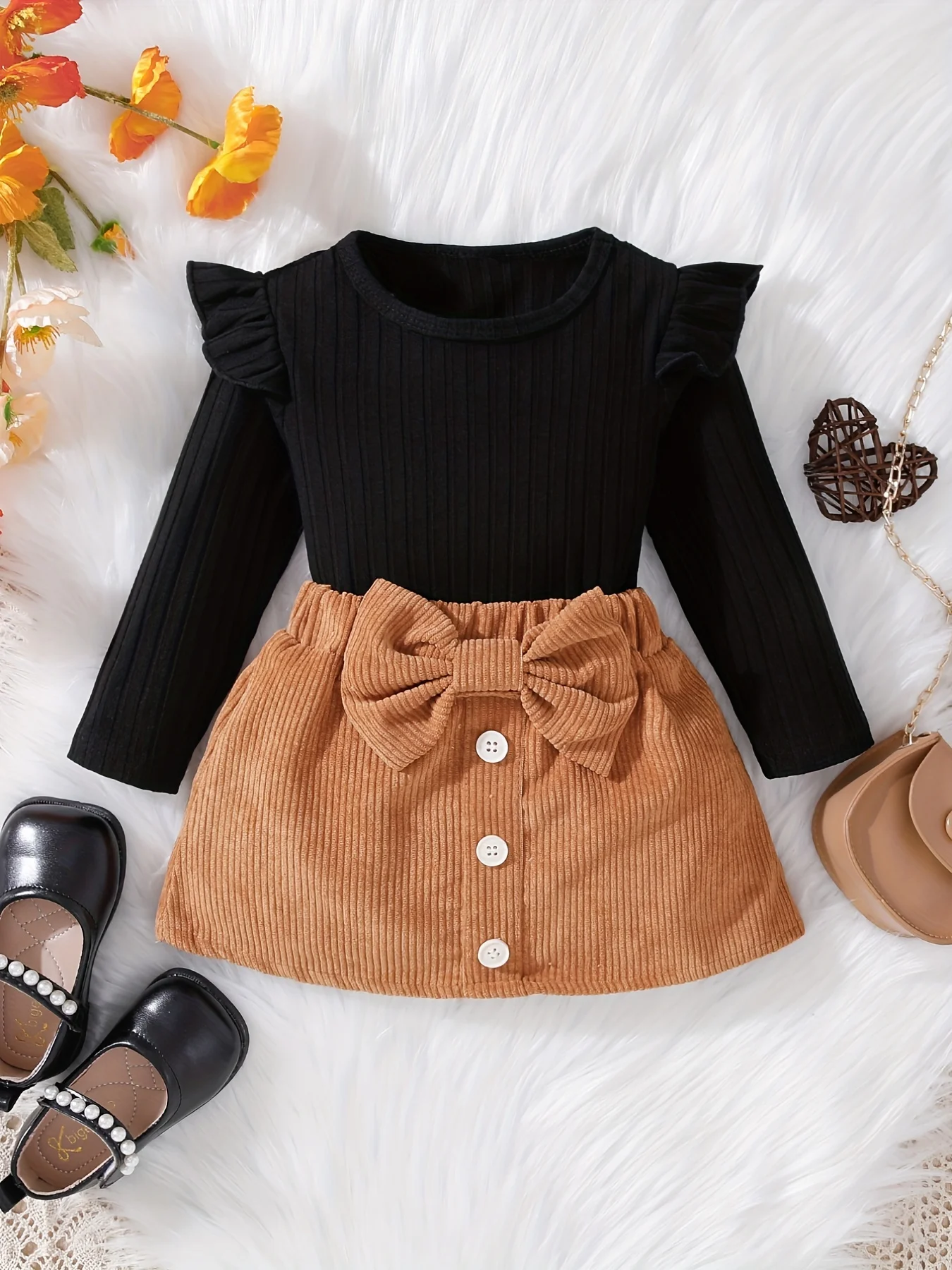 

Spring Autumn Baby Girl Two-Piece Set - Black Long Sleeve Top + Brown Butterfly Short Skirt (Infant)