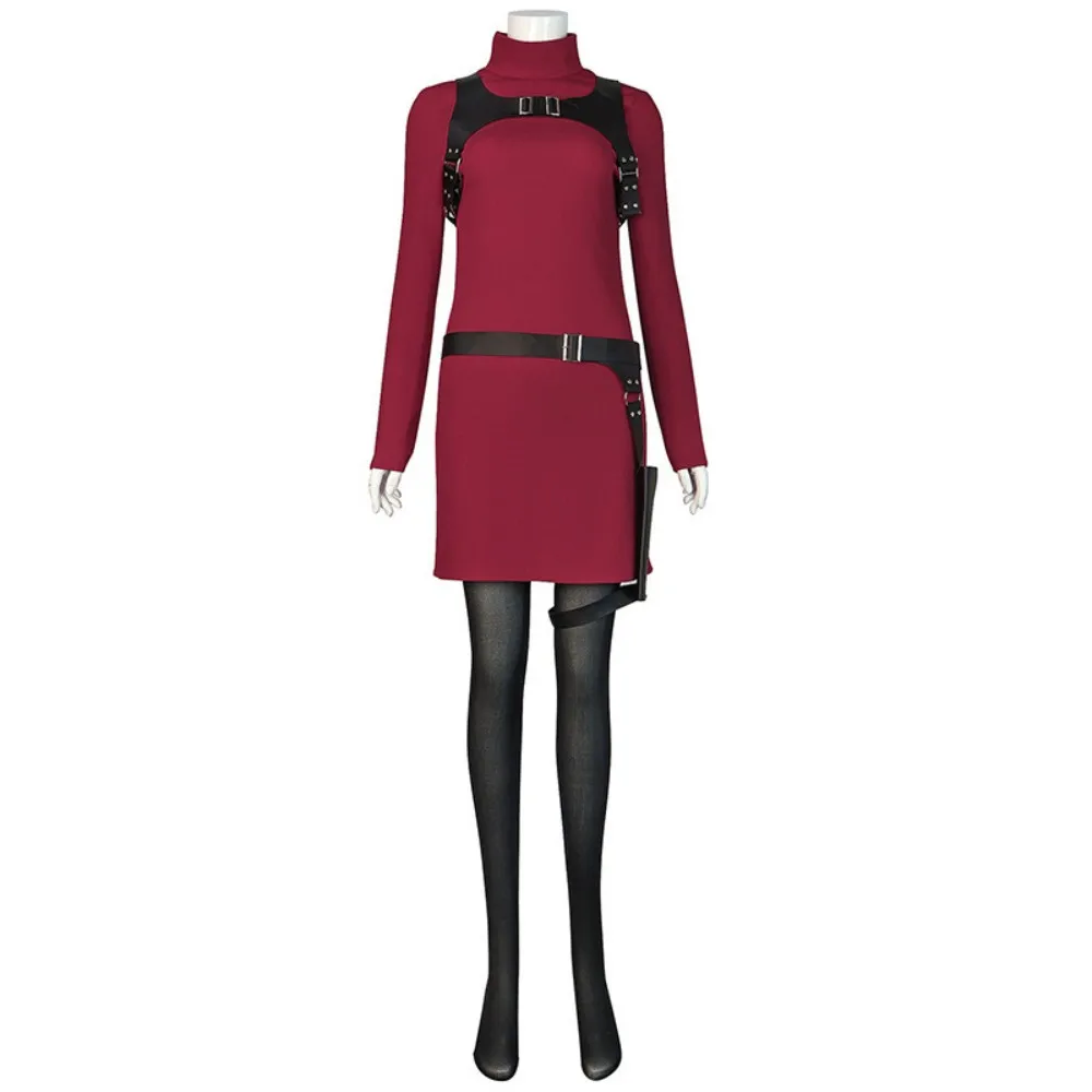 Game Character Costume Women's Red Long Sleeve Mini Dress with Black Harness Belt Thigh Strap for Halloween Party