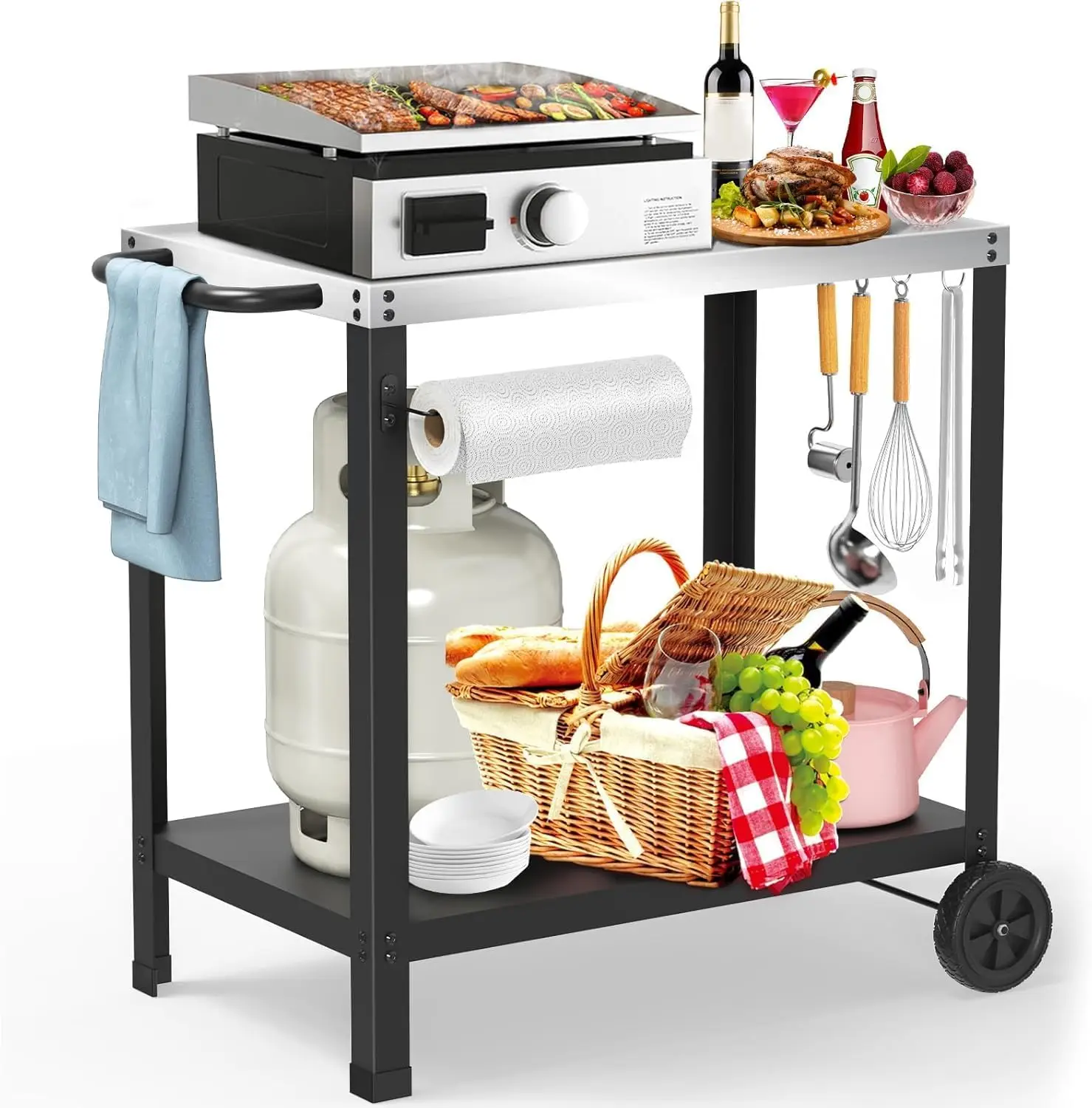 

Outdoor Grill Cart with Double Shelves, 32x20 Inch Mobile Pizza Oven Table Cart for Patio, Kitchen Cooking and Food Prep Table for Gatherings
