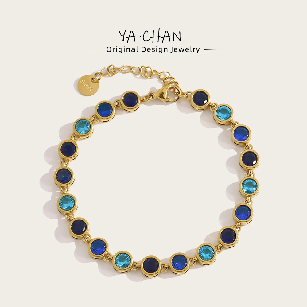 YACHAN Luxury Blue Zircon Crystal Bracelet for Women Chic 18K Gold Plated Stainless Steel Trendy Waterproof Jewelry
