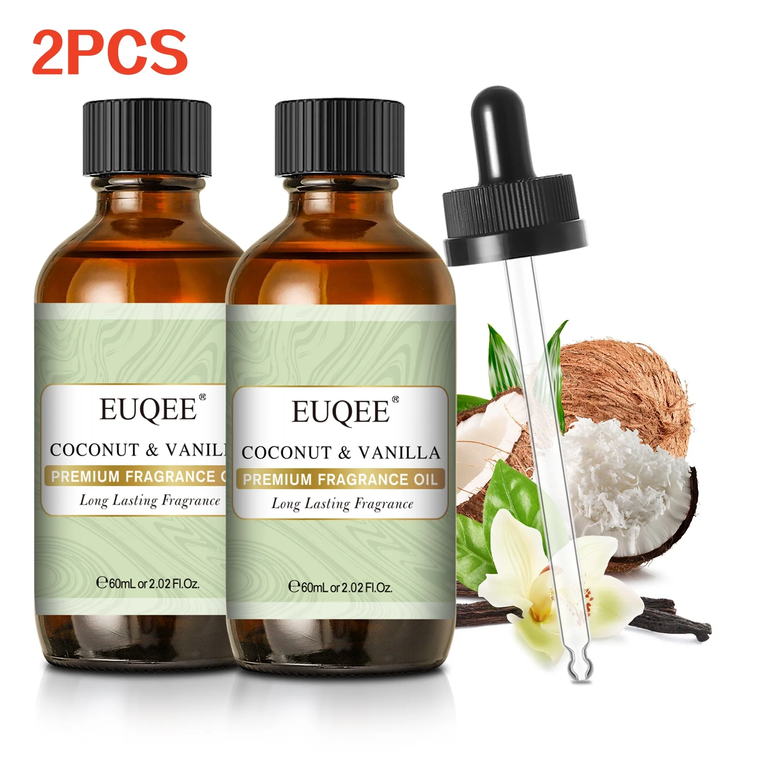 EUQEE 2 قطعة 60 مللي مجموعة زيت عطري للناشر-مسك أبيض جوز الهند والفانيليا جلد فريسيا زيت عطري للعلاج بالروائح