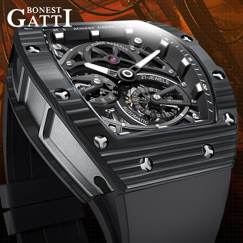 BONEST GATTI German Brand Automatic Movement Mechanical Watch Business Carbon Fiber Bezel Tonneau 30ATM Night Light BG-9004