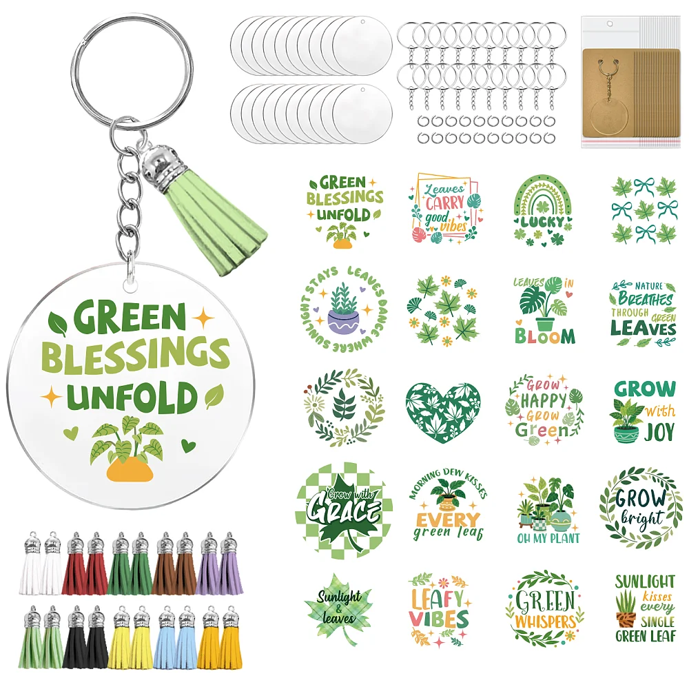 160Pcs Acrylic Keychain kit with UV DTF Cold Transfer Stickers Green Plants Waterproof Round DIY Acrylic Key Chain Blanks Set